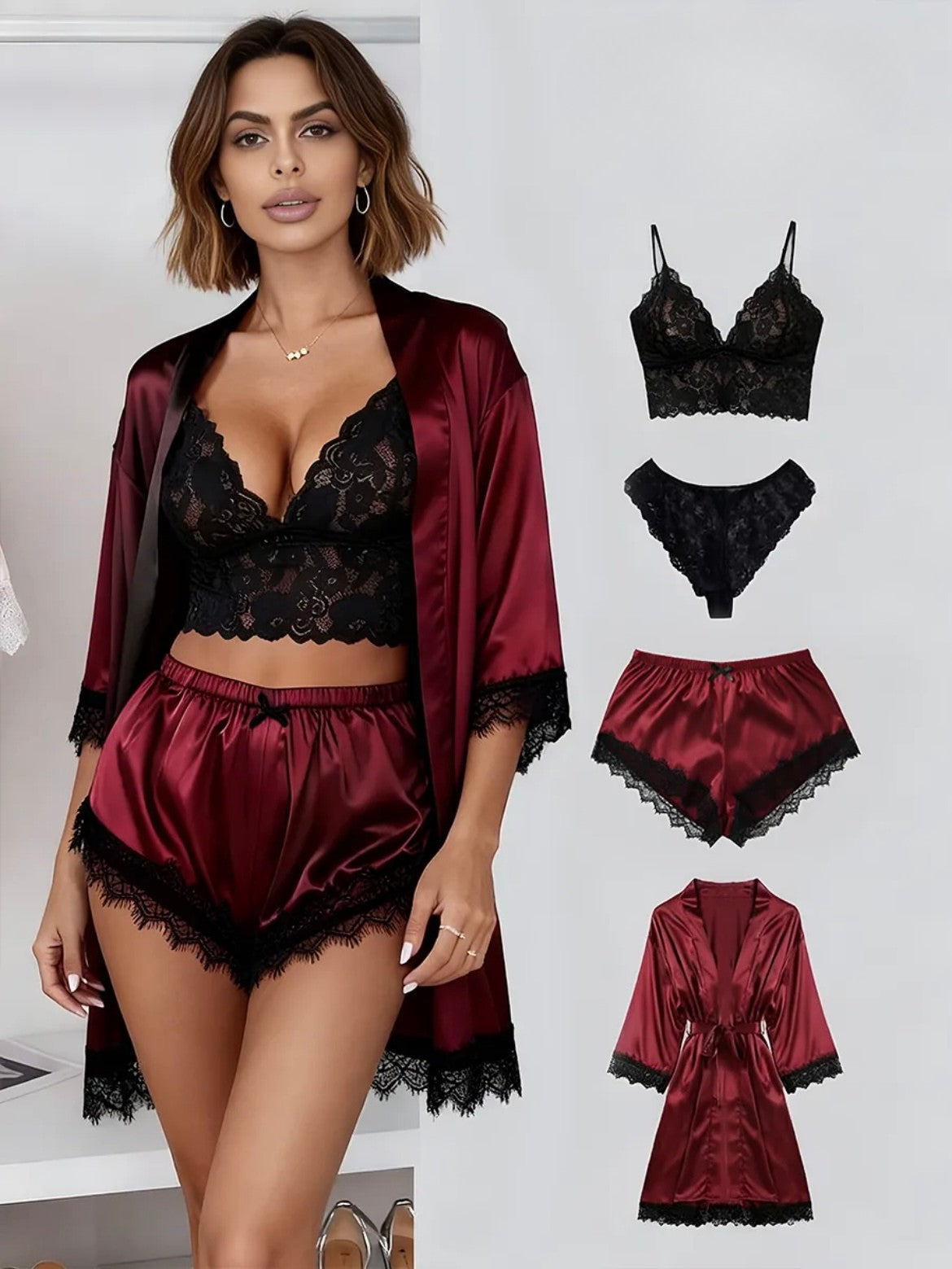 Ensemble Lingerie 4 Pièces Satin & Dentelle – Robe, Short, Camisole et Culotte Sexy
