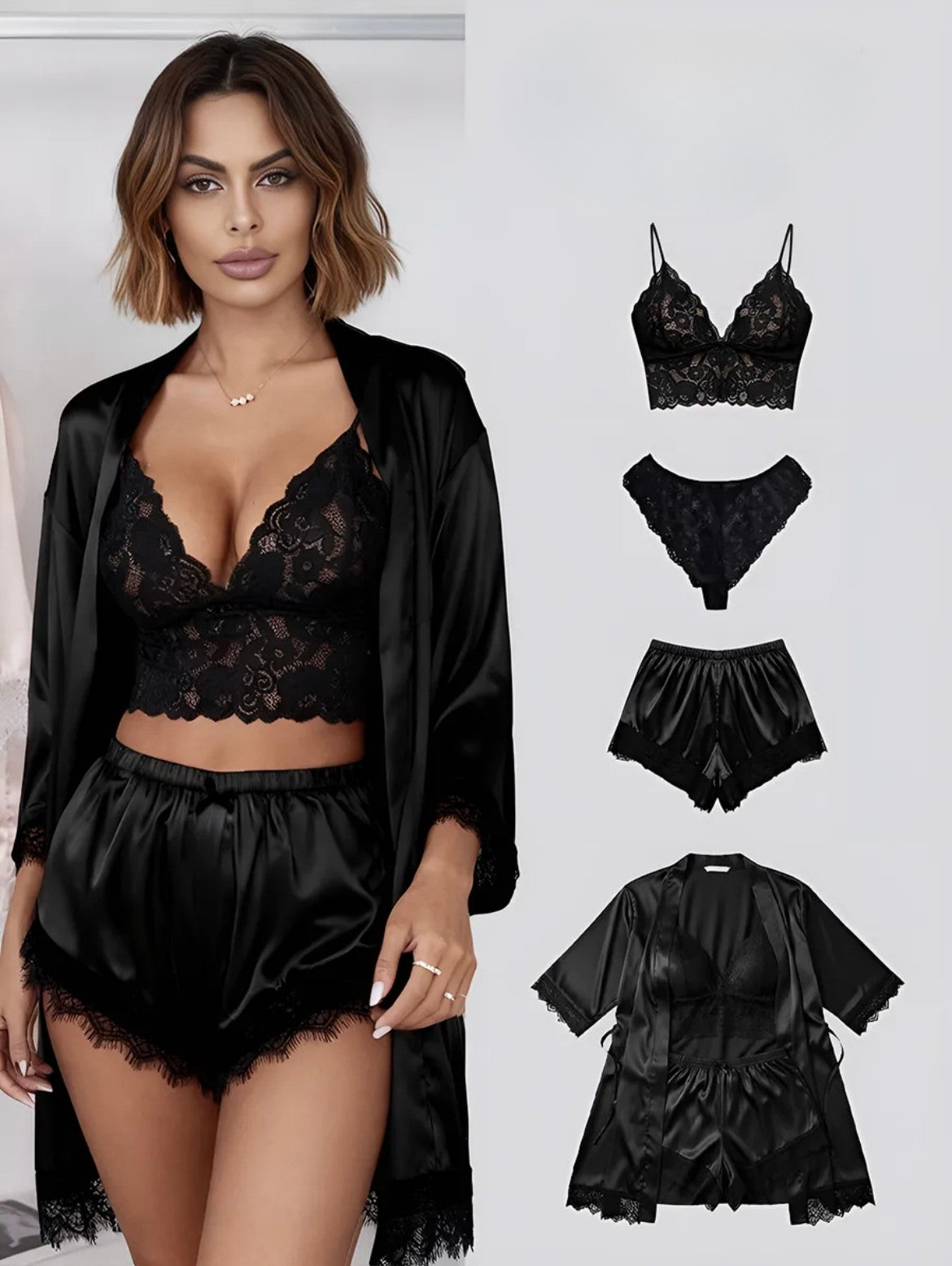 Ensemble Lingerie 4 Pièces Satin & Dentelle – Robe, Short, Camisole et Culotte Sexy